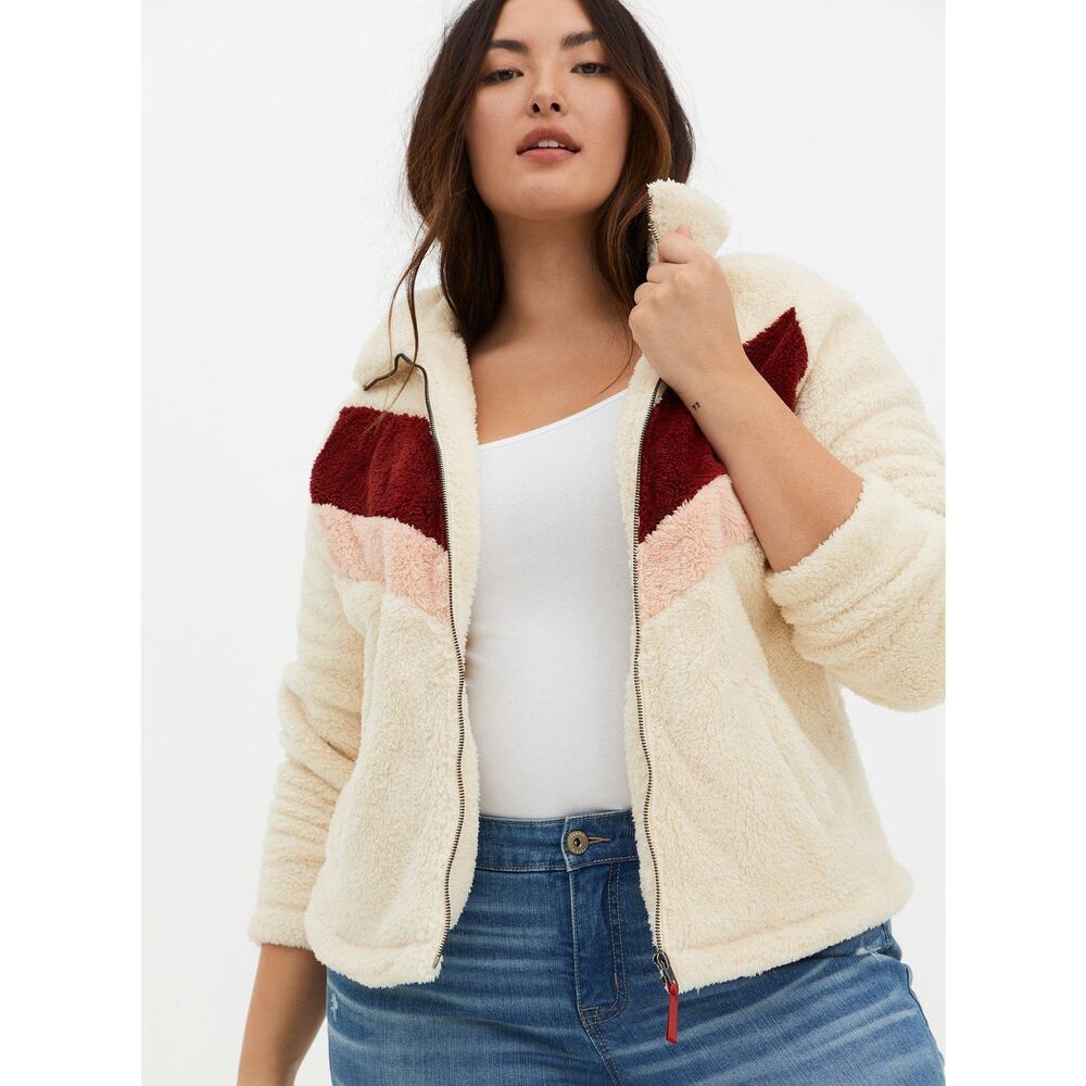 Torrid Sherpa Full Zip Collar Front Pockets Ivory Chevron Stripe Jacket Size 3X